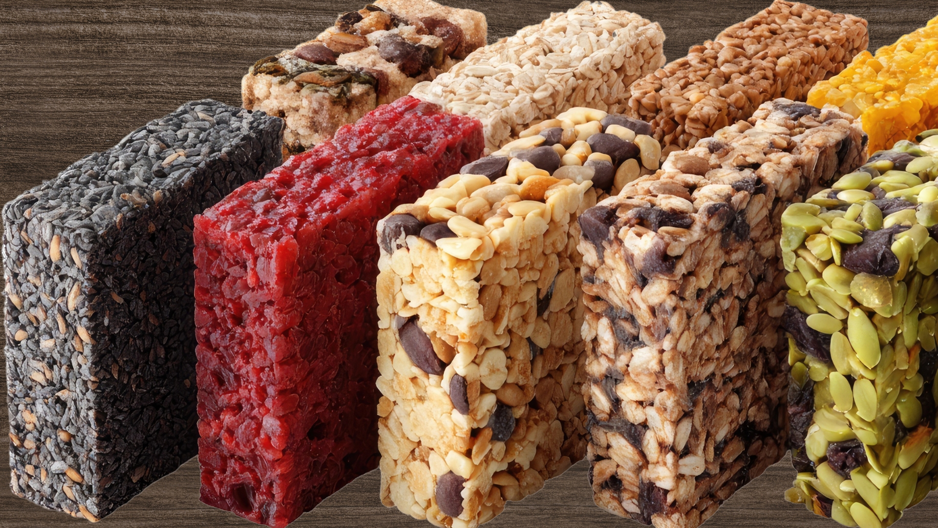 An assortment of protein bars contains different seeds and colors