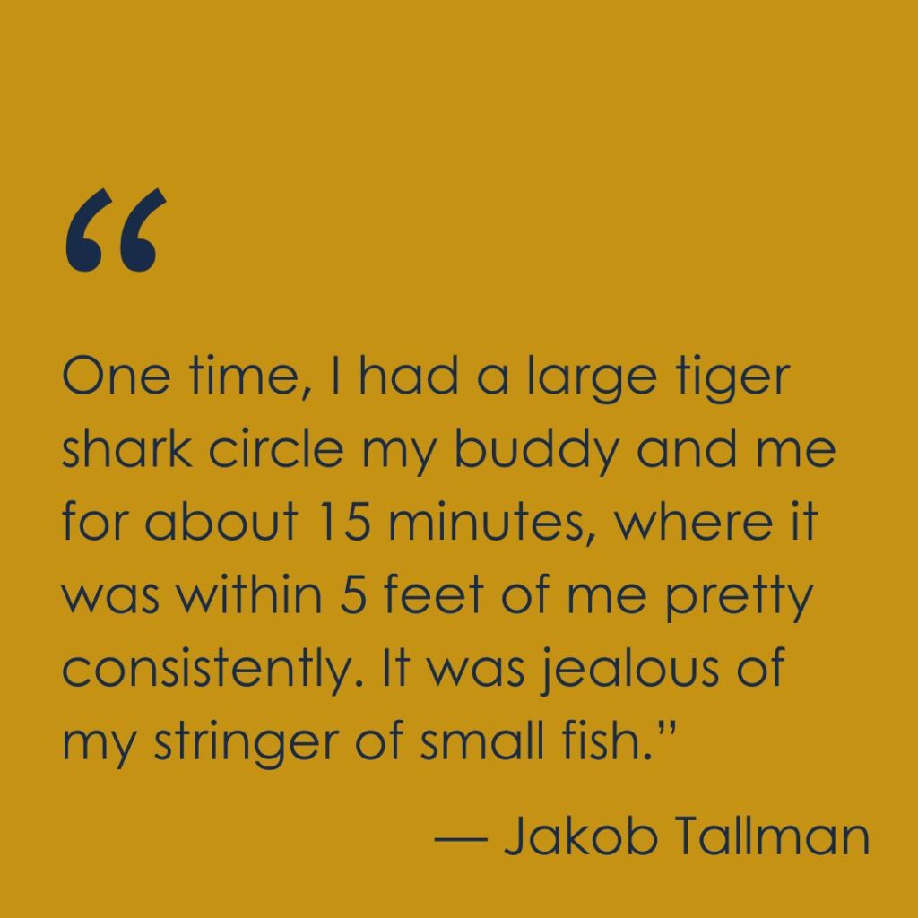 A quote from Jakob Tallman is shown on a bronze field: One time, I had a large tiger shark circle my buddy and me for about 15 minutes, where it was within 5 feet of me pretty consistently. It was jealous of my stringer of small fish
