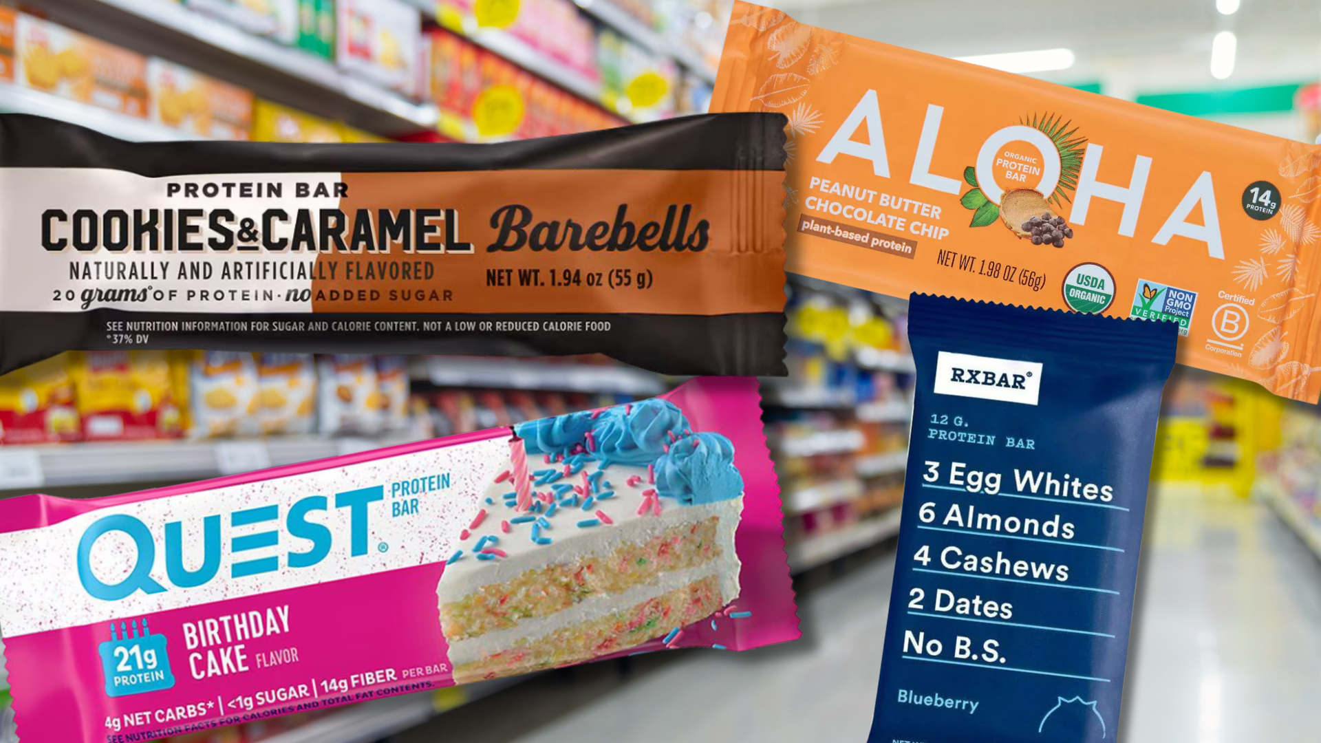 Four protein bars (Barebells, Aloha, Quest, and Rx Bars) are shown in front a blurry background of a grocery store aisle.