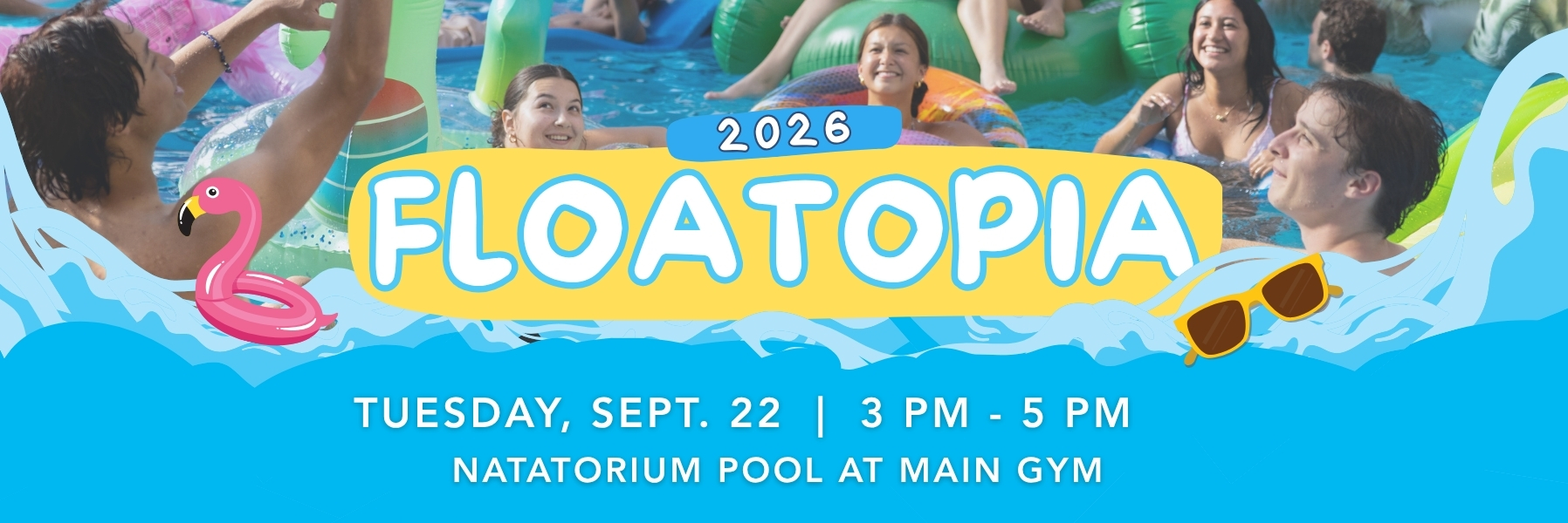 Join REC for Floatopia, a giant pool party at the Natatorium. Event is on Tuesday September 22 from 3:00pm to 5:00pm.